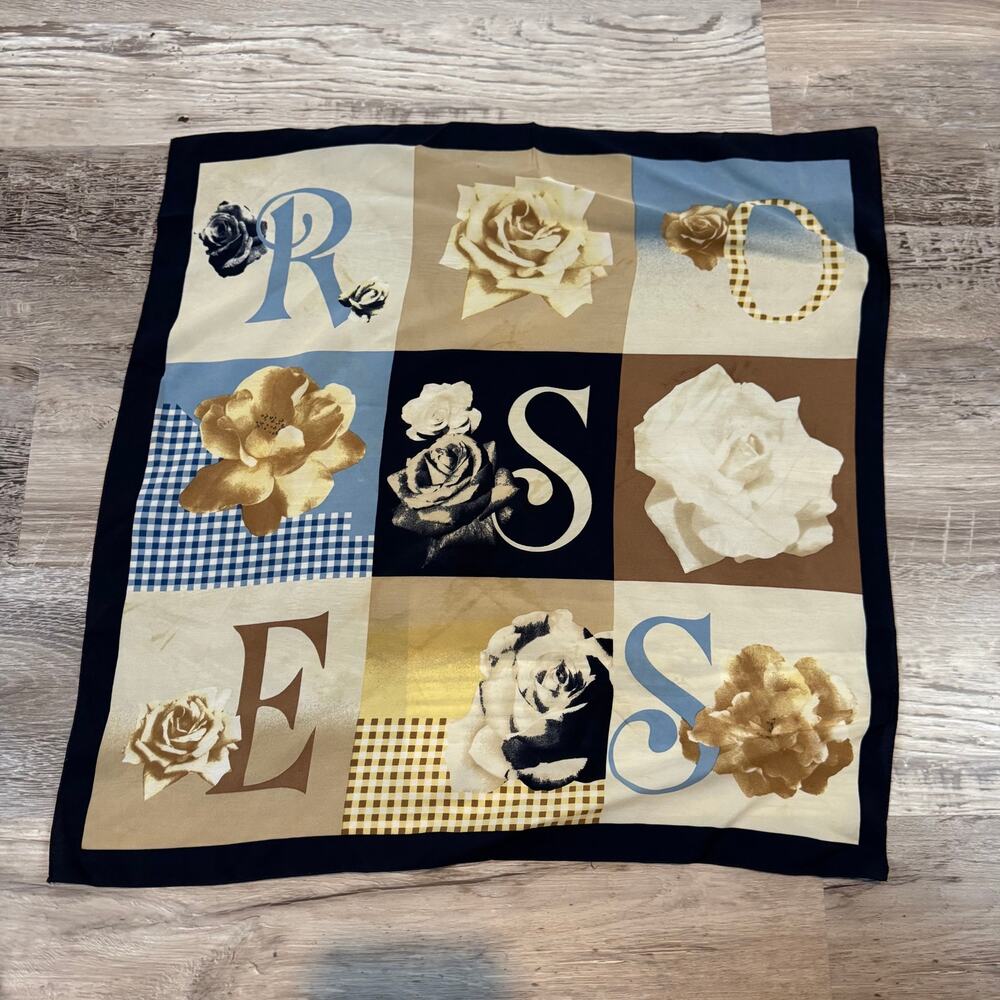 Vintage 90s 80s Roses Alphabet Square Scarf Cream Blue Floral Romantic 20x20